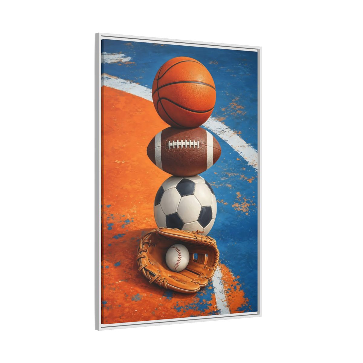 Side Mockup 7. Sports Sports Balls Orange Blue Sports shown as framed canvas print
