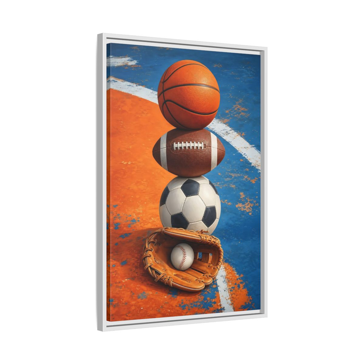 Side Mockup 10. Sports Sports Balls Orange Blue Sports shown as framed canvas print