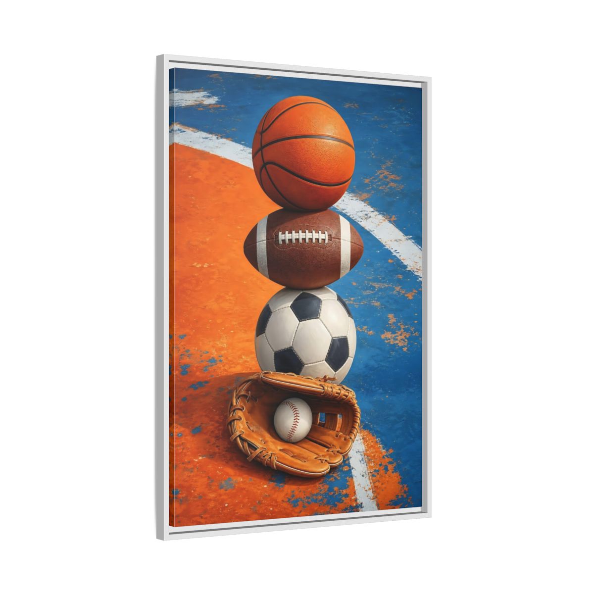 Side Mockup 9. Sports Sports Balls Orange Blue Sports shown as framed canvas print
