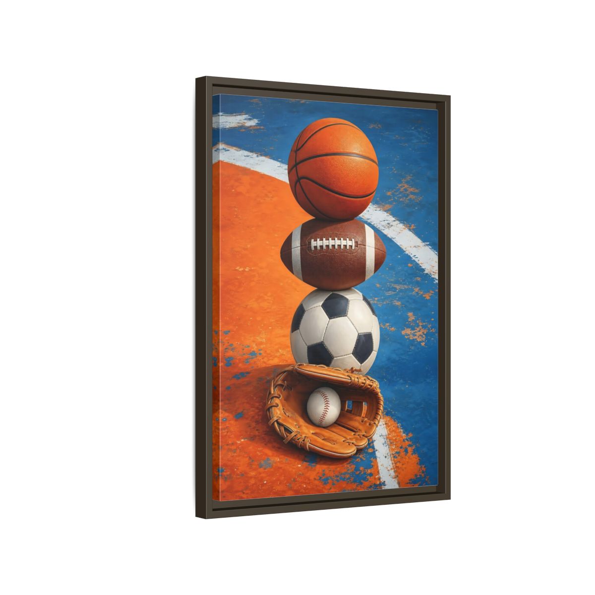 Side Mockup 2. Sports Sports Balls Orange Blue Sports shown as framed canvas print