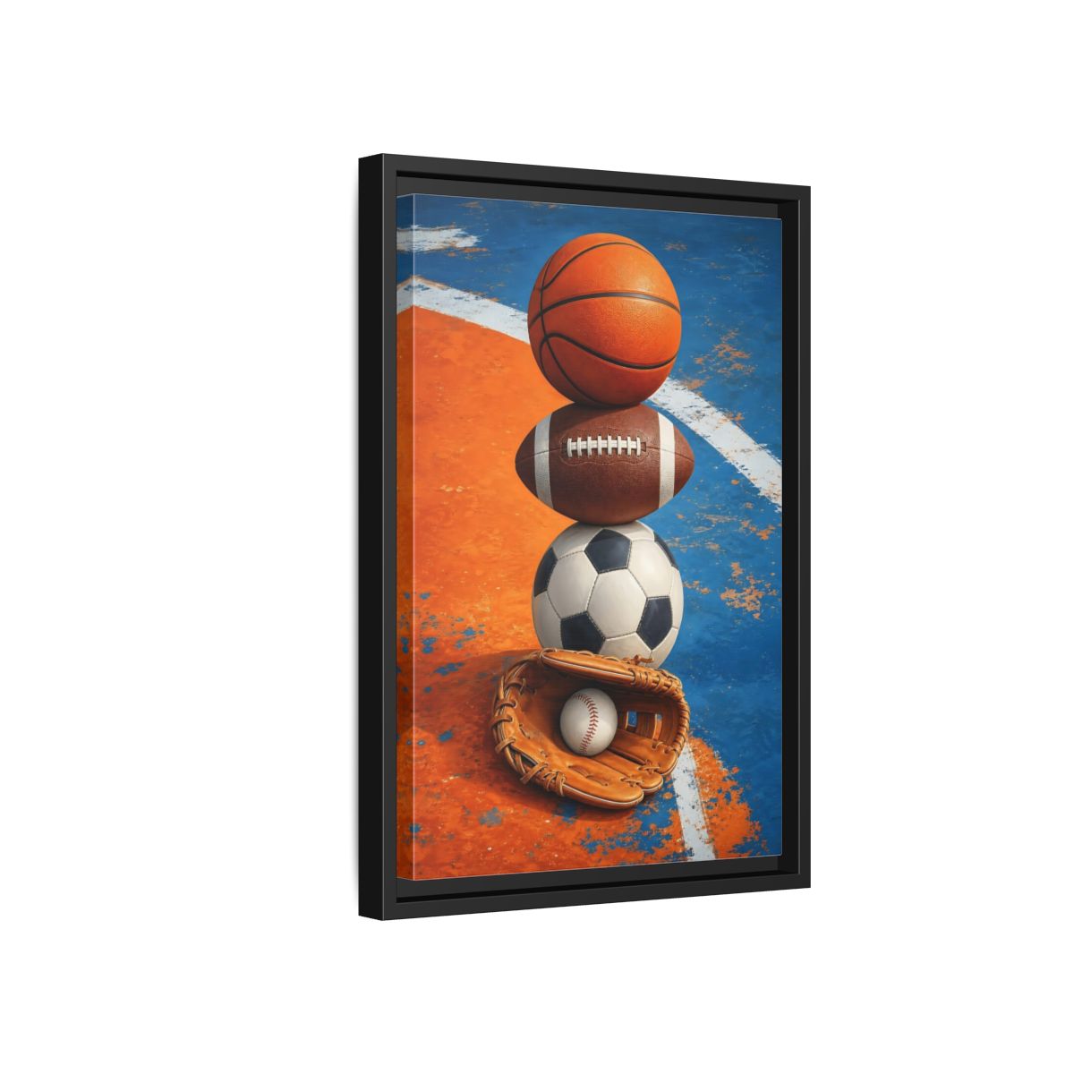 Side Mockup 6. Sports Sports Balls Orange Blue Sports shown as framed canvas print