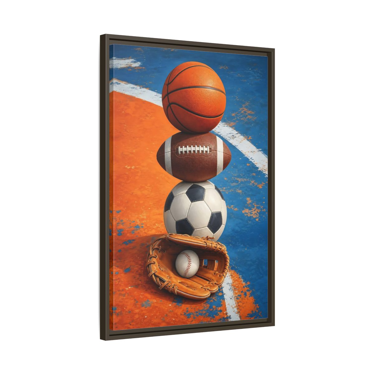 Side Mockup 11. Sports Sports Balls Orange Blue Sports shown as framed canvas print