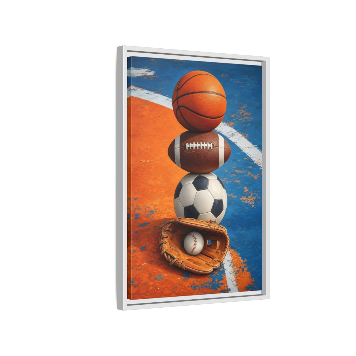 Side Mockup 1. Sports Sports Balls Orange Blue Sports shown as framed canvas print