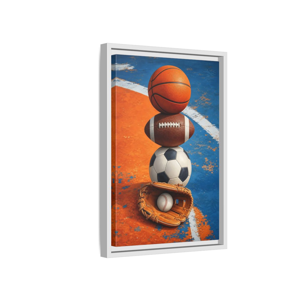 Side Mockup 4. Sports Sports Balls Orange Blue Sports shown as framed canvas print