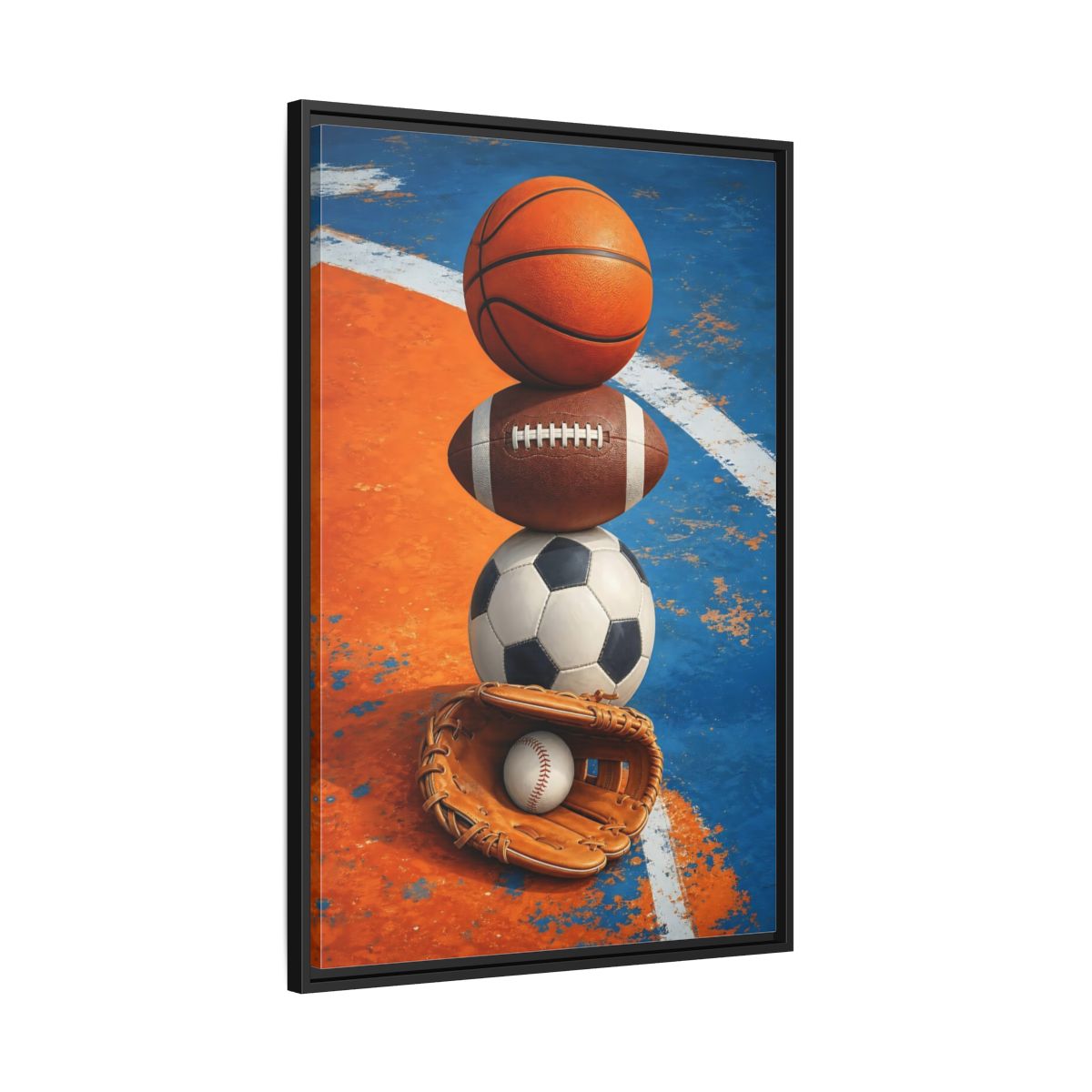 Side Mockup 13. Sports Sports Balls Orange Blue Sports shown as framed canvas print
