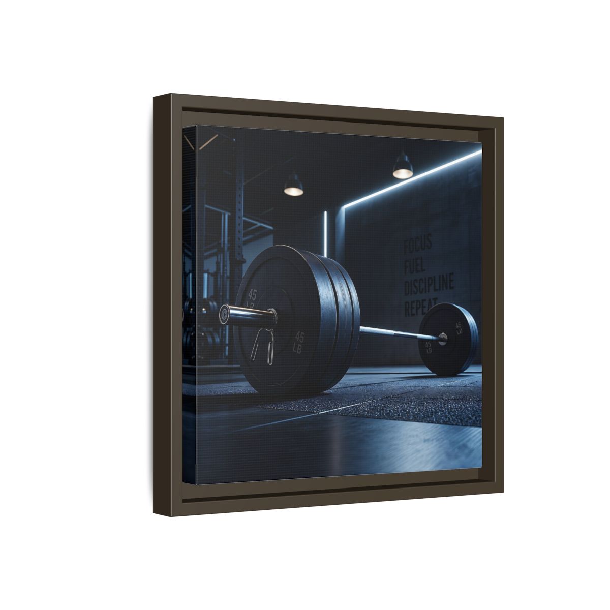 Side Mockup 17. Sports Barbell Dark Gym shown as framed canvas print