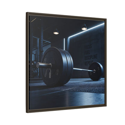 Side Mockup 8. Sports Barbell Dark Gym shown as framed canvas print