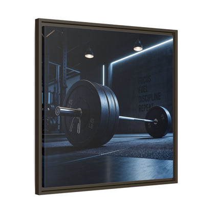 Side Mockup 27. Sports Barbell Dark Gym shown as framed canvas print