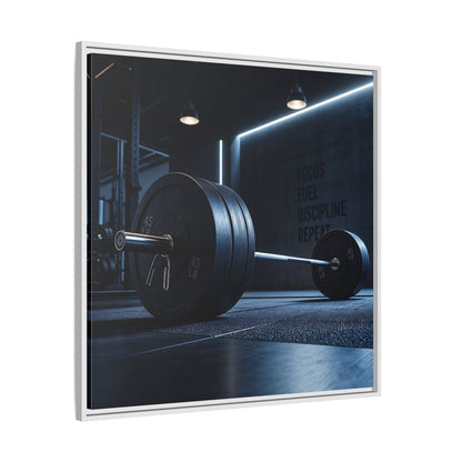 Side Mockup 25. Sports Barbell Dark Gym shown as framed canvas print