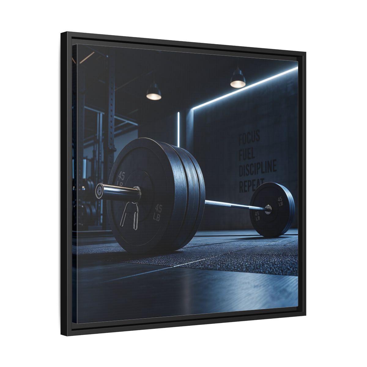 Side Mockup 31. Sports Barbell Dark Gym shown as framed canvas print
