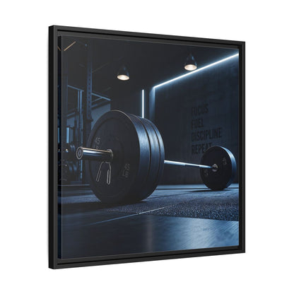Side Mockup 31. Sports Barbell Dark Gym shown as framed canvas print