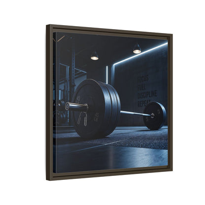 Side Mockup 11. Sports Barbell Dark Gym shown as framed canvas print