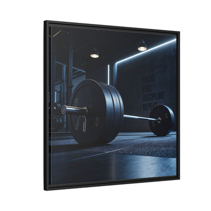 Side Mockup 9. Sports Barbell Dark Gym shown as framed canvas print
