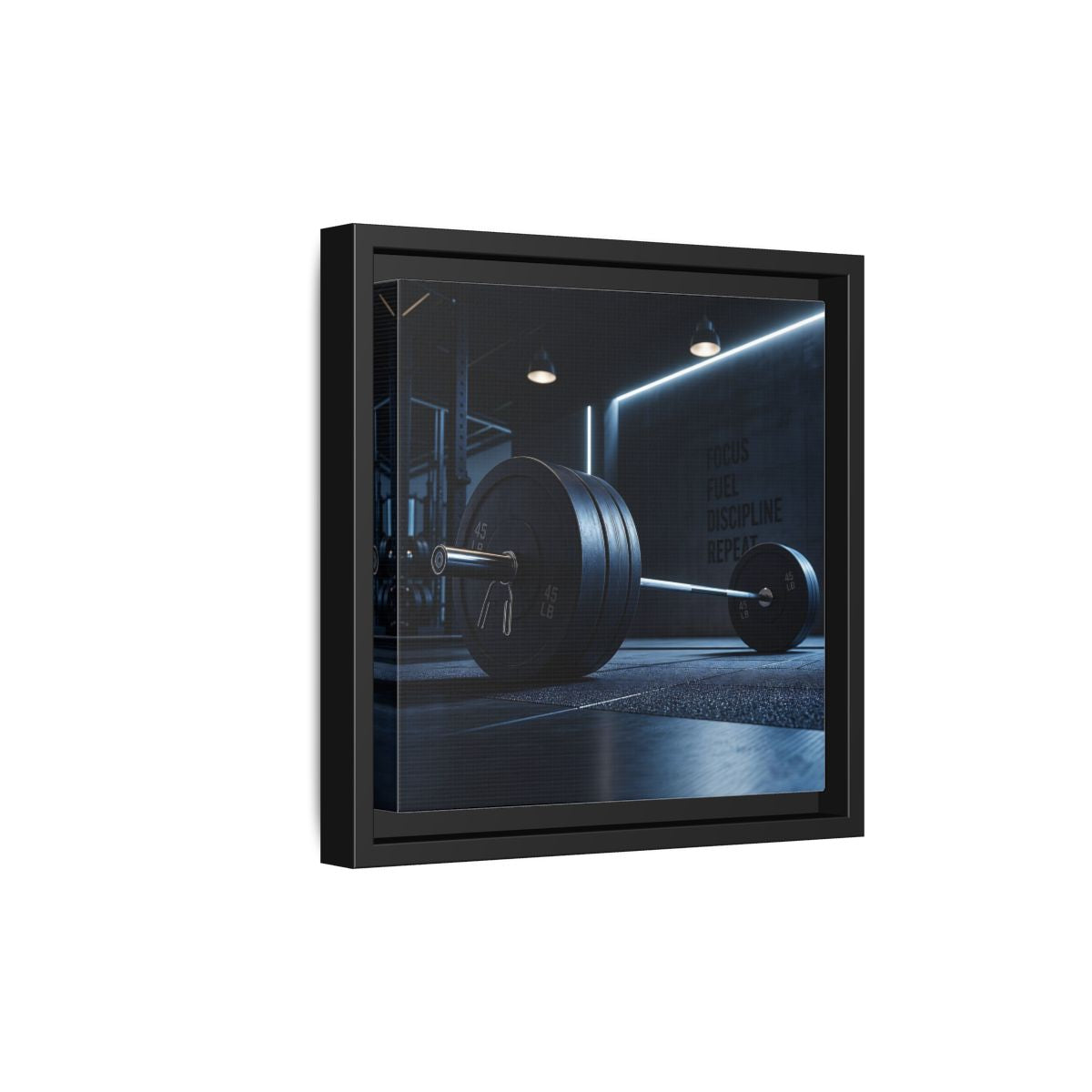 Side Mockup 21. Sports Barbell Dark Gym shown as framed canvas print