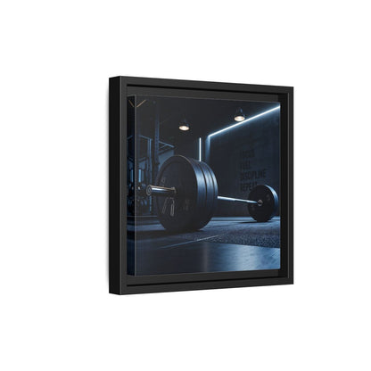 Side Mockup 21. Sports Barbell Dark Gym shown as framed canvas print