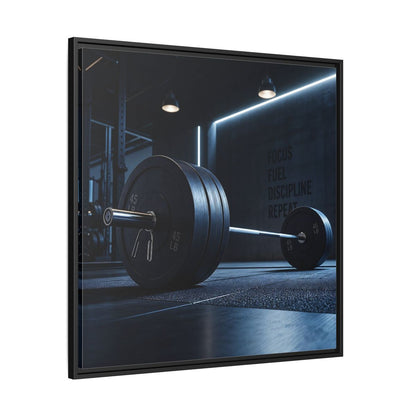 Side Mockup 30. Sports Barbell Dark Gym shown as framed canvas print