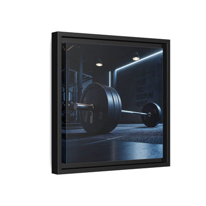 Side Mockup 18. Sports Barbell Dark Gym shown as framed canvas print