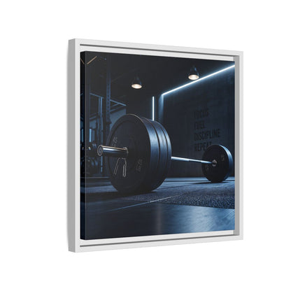 Side Mockup 13. Sports Barbell Dark Gym shown as framed canvas print