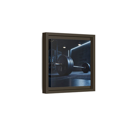 Side Mockup 2. Sports Barbell Dark Gym shown as framed canvas print