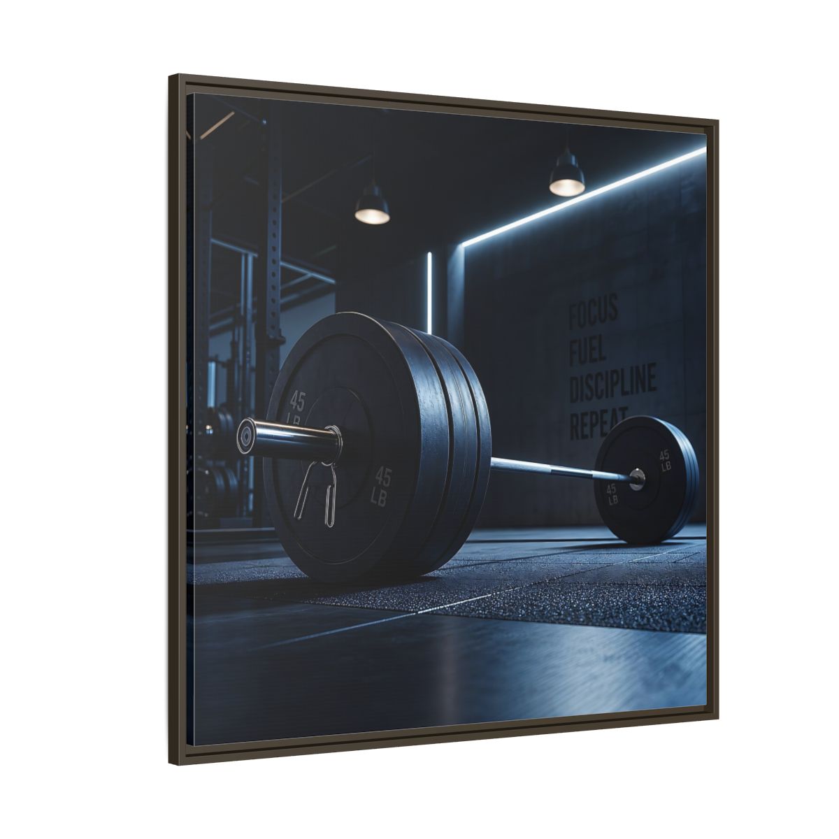 Side Mockup 5. Sports Barbell Dark Gym shown as framed canvas print