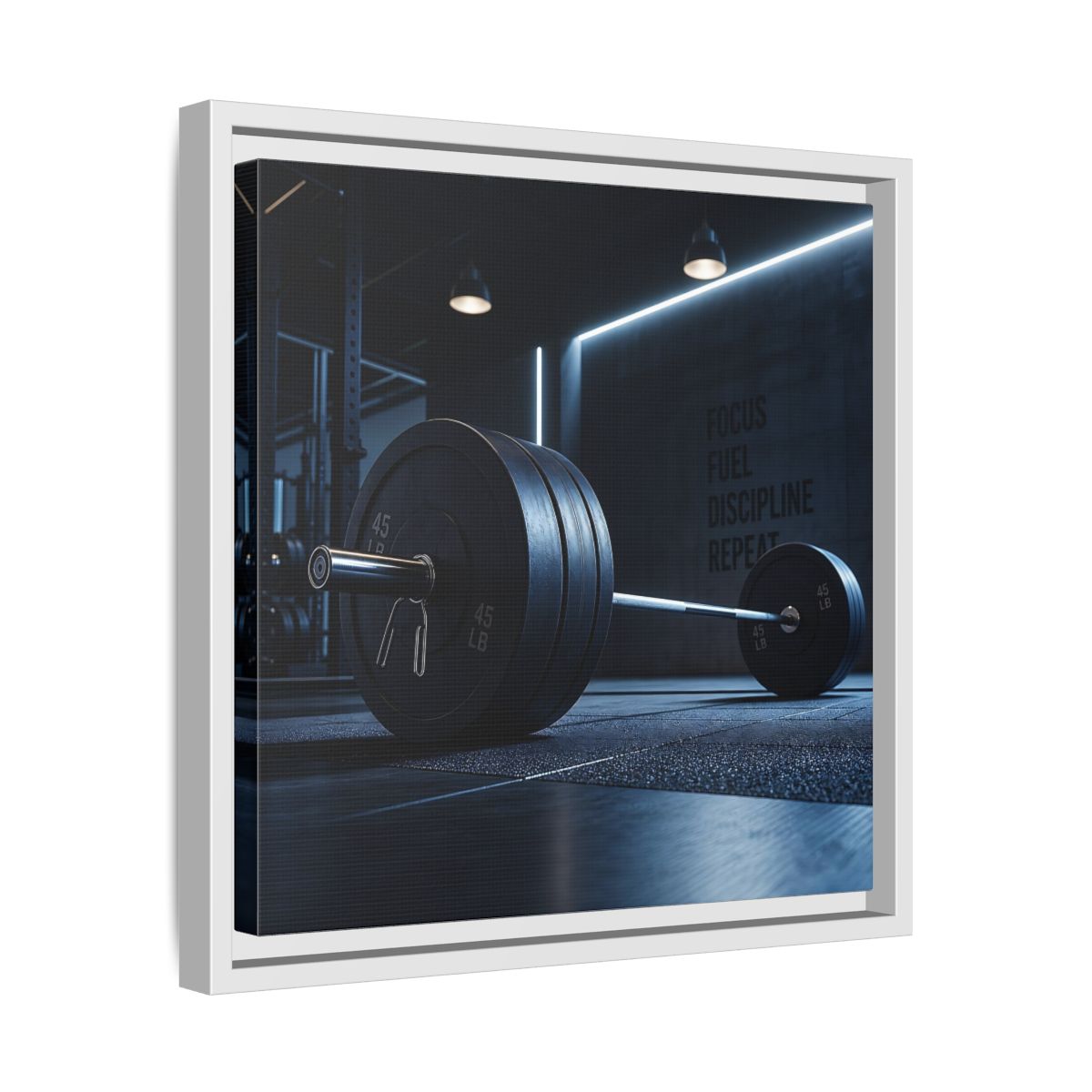 Side Mockup 28. Sports Barbell Dark Gym shown as framed canvas print