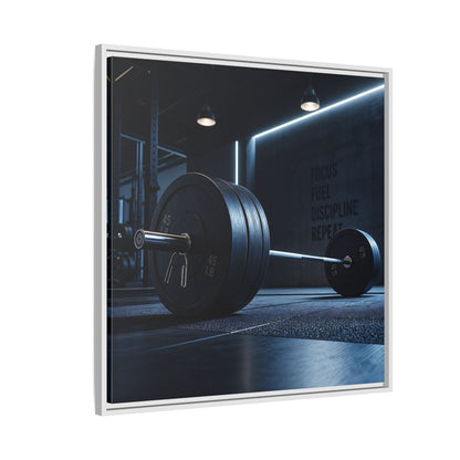 Side Mockup 7. Sports Barbell Dark Gym shown as framed canvas print