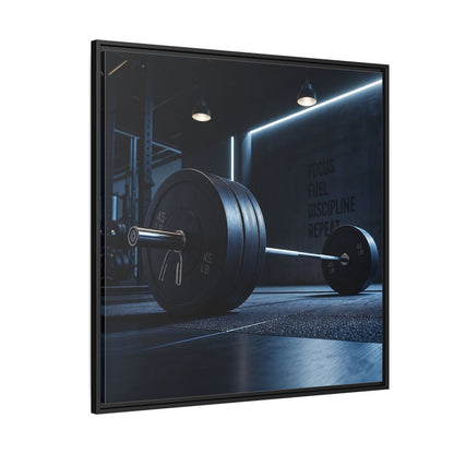 Side Mockup 6. Sports Barbell Dark Gym shown as framed canvas print