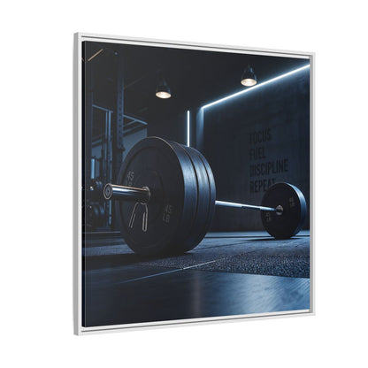 Side Mockup 4. Sports Barbell Dark Gym shown as framed canvas print