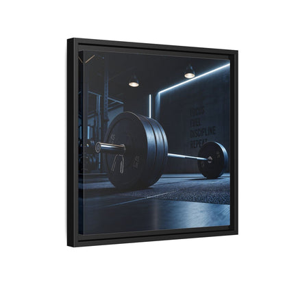 Side Mockup 15. Sports Barbell Dark Gym shown as framed canvas print