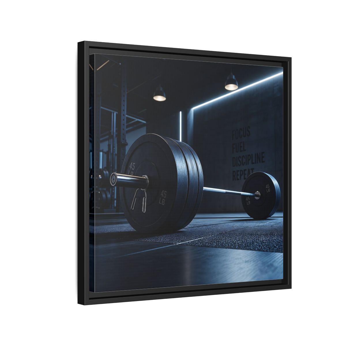 Side Mockup 12. Sports Barbell Dark Gym shown as framed canvas print