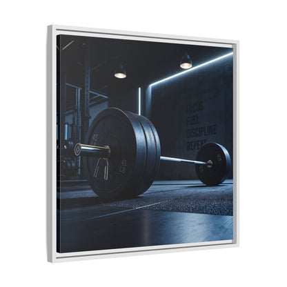 Side Mockup 26. Sports Barbell Dark Gym shown as framed canvas print