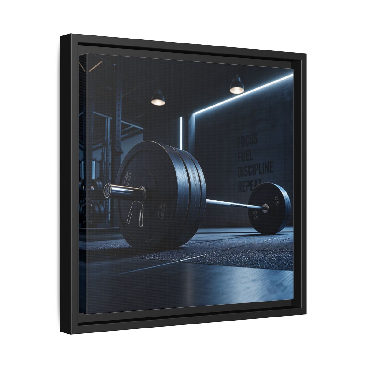 Side Mockup 32. Sports Barbell Dark Gym shown as framed canvas print