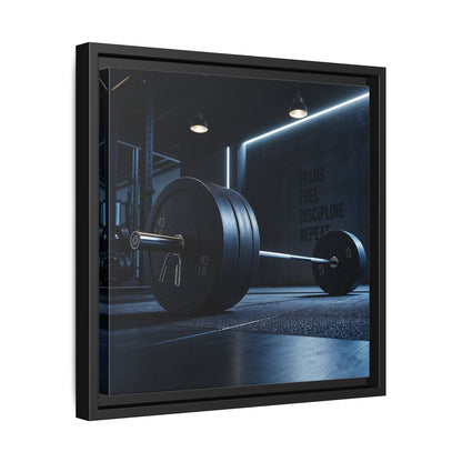 Side Mockup 32. Sports Barbell Dark Gym shown as framed canvas print