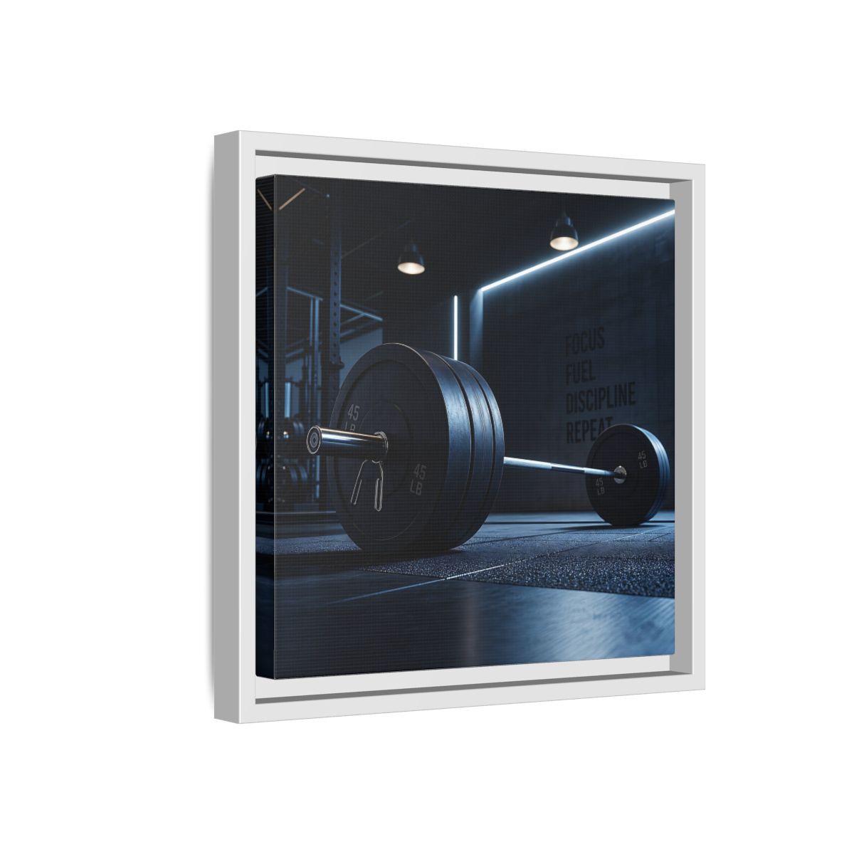 Side Mockup 16. Sports Barbell Dark Gym shown as framed canvas print