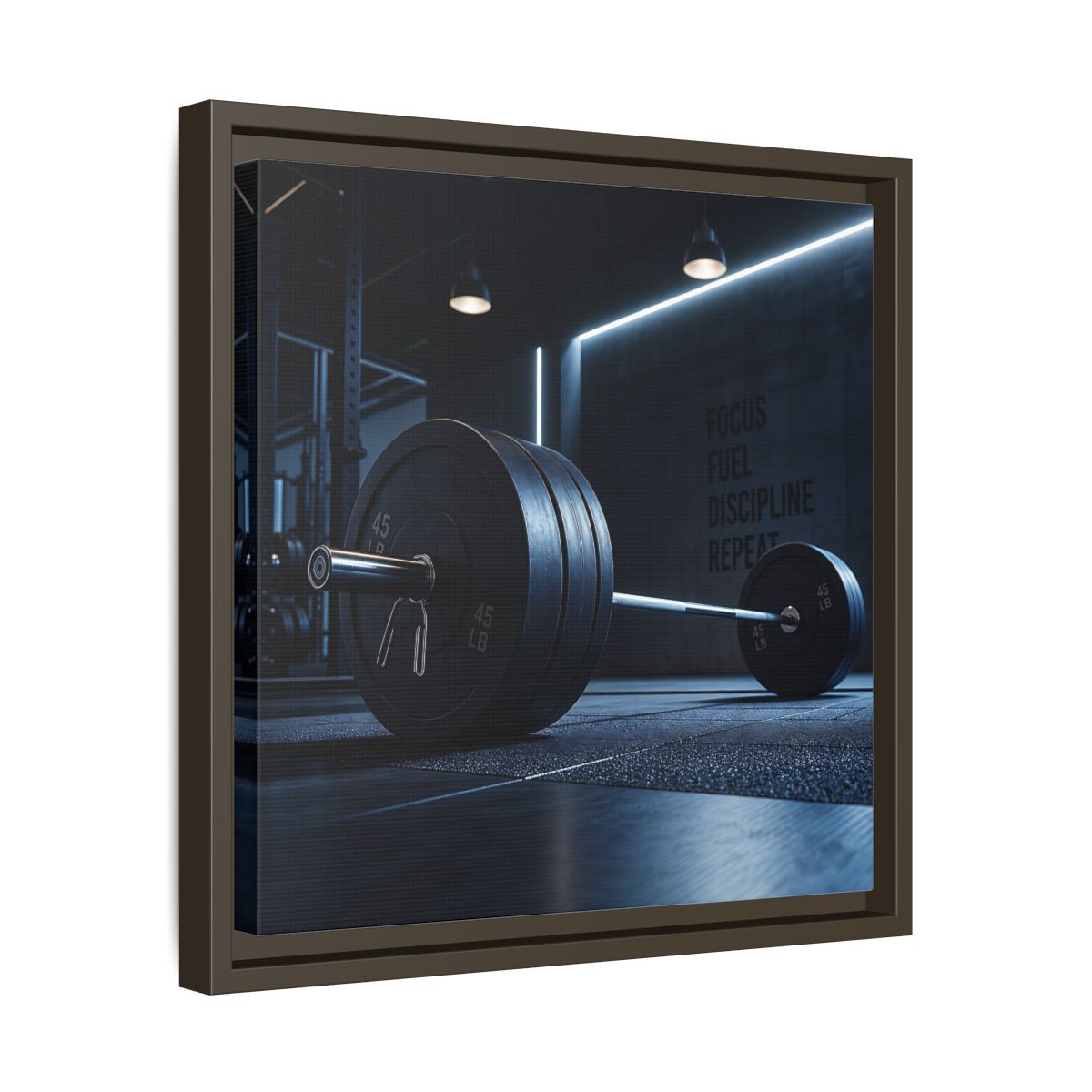 Side Mockup 29. Sports Barbell Dark Gym shown as framed canvas print