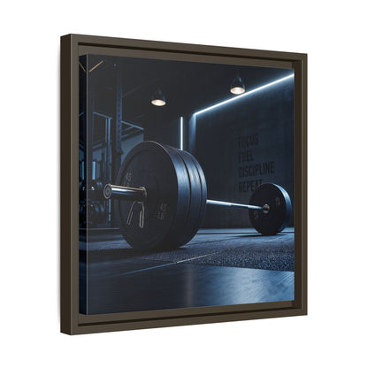Side Mockup 29. Sports Barbell Dark Gym shown as framed canvas print
