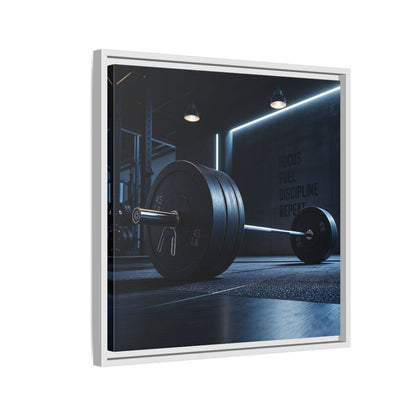 Side Mockup 10. Sports Barbell Dark Gym shown as framed canvas print