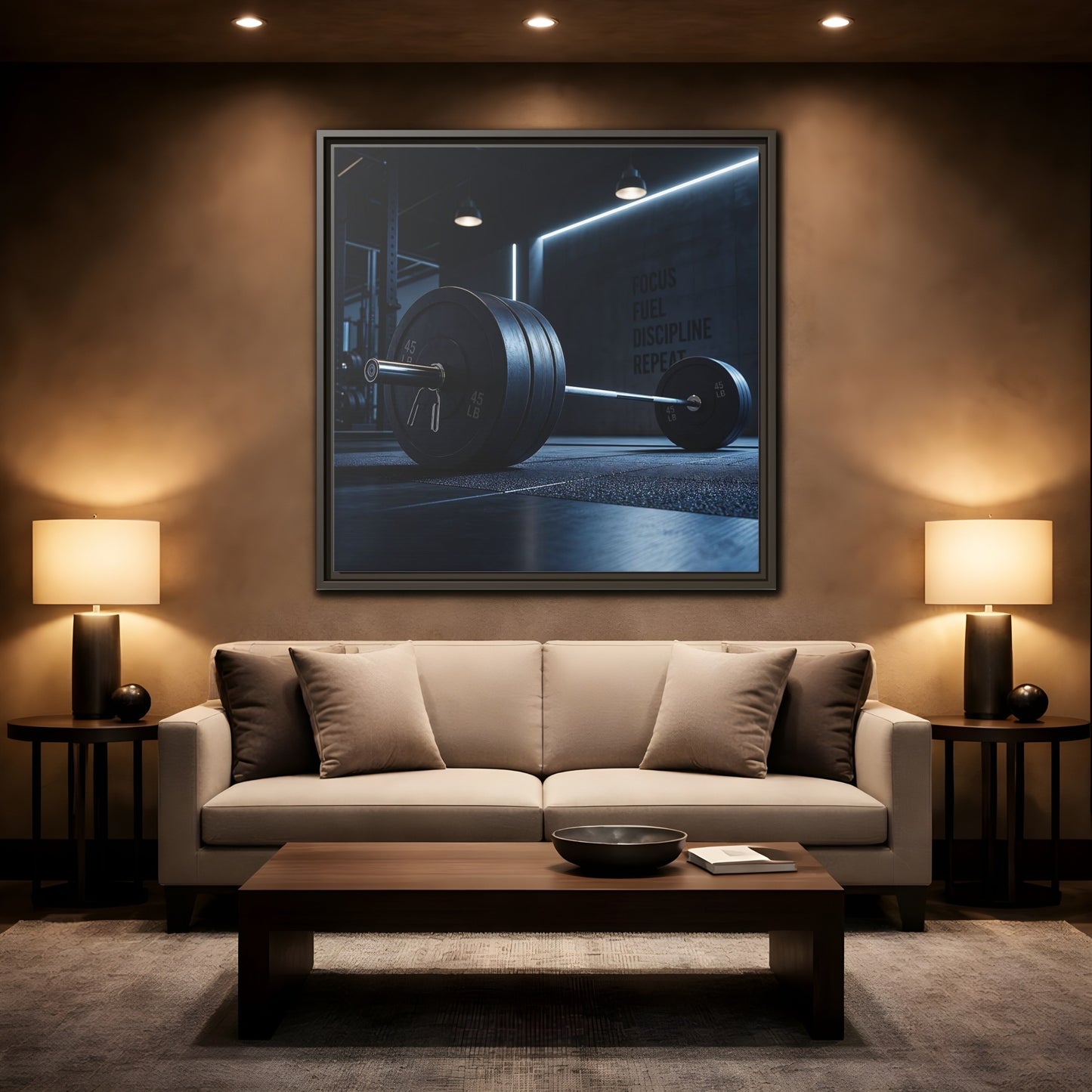 Mockup 2. Sports Barbell Dark Gym shown as framed canvas print