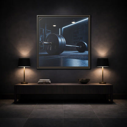 Mockup 3. Sports Barbell Dark Gym shown as framed canvas print