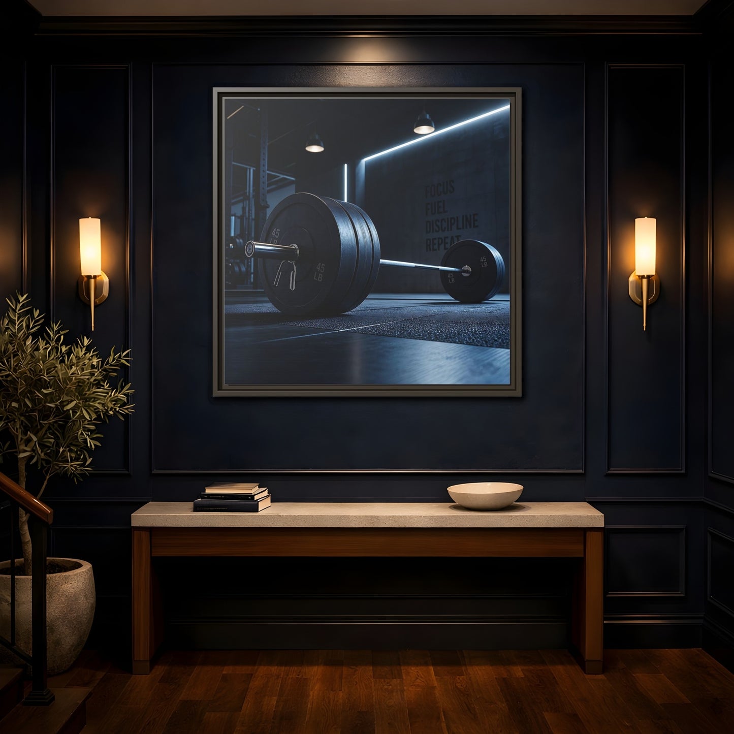 Mockup 4. Sports Barbell Dark Gym shown as framed canvas print