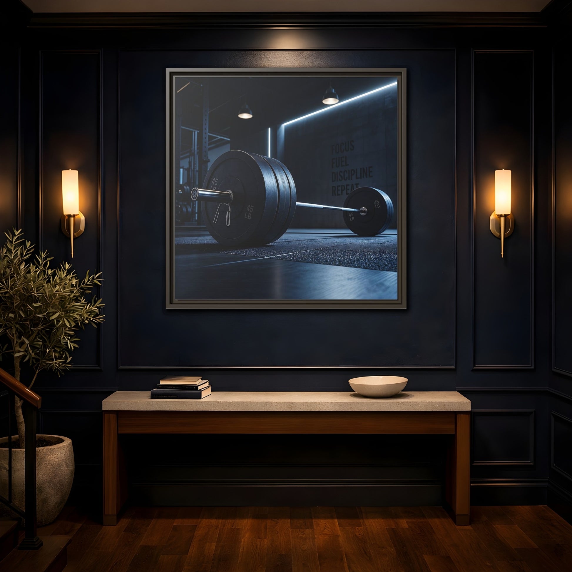 Mockup 4. Sports Barbell Dark Gym shown as framed canvas print