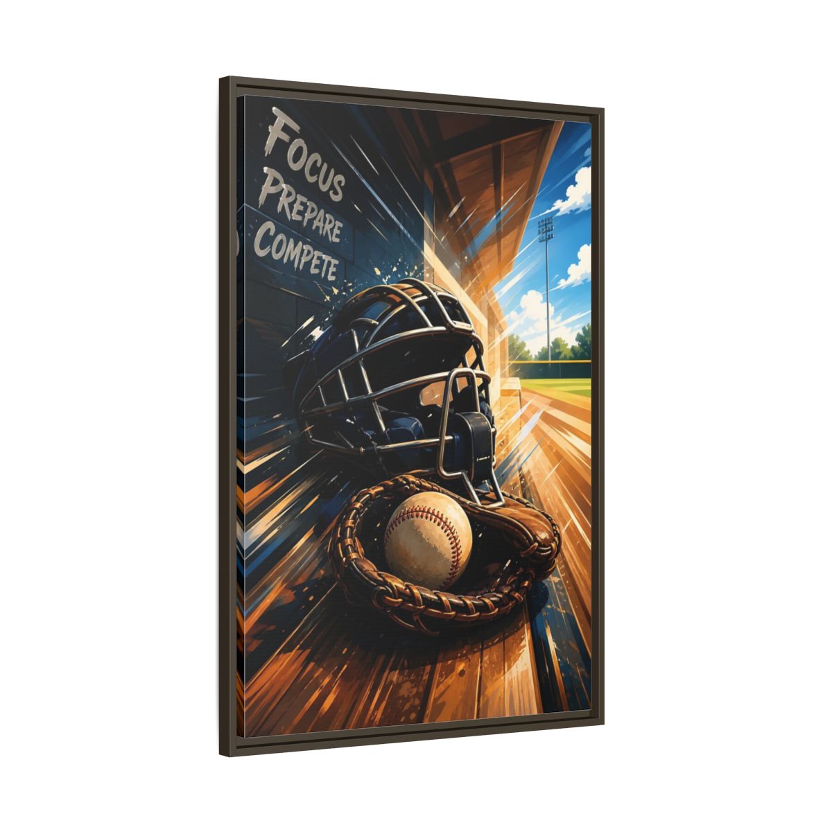 Main Mockup. Sports Baseball Equipment Baseball Blue Brown shown as framed canvas print
