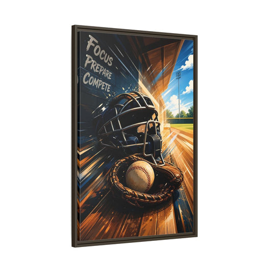 Main Mockup. Sports Baseball Equipment Baseball Blue Brown shown as framed canvas print