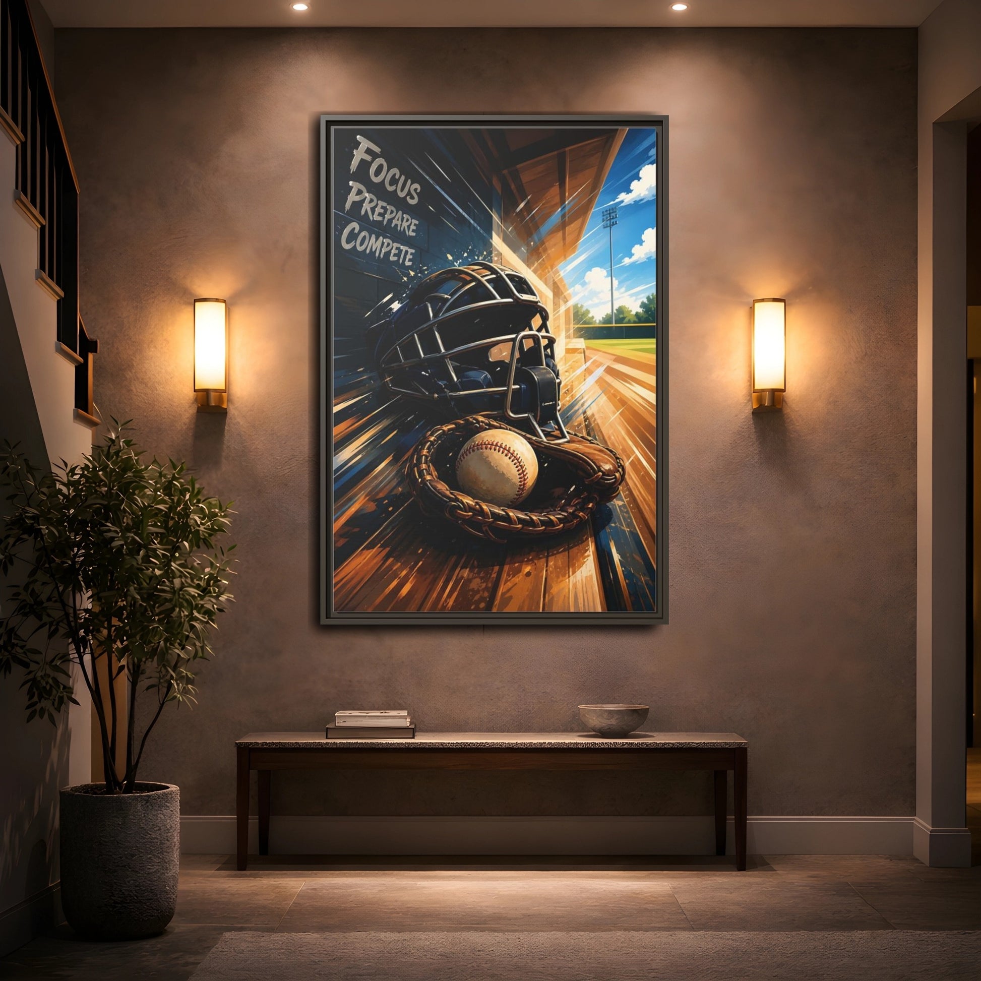 Mockup 2. Sports Baseball Equipment Baseball Blue Brown shown as framed canvas print