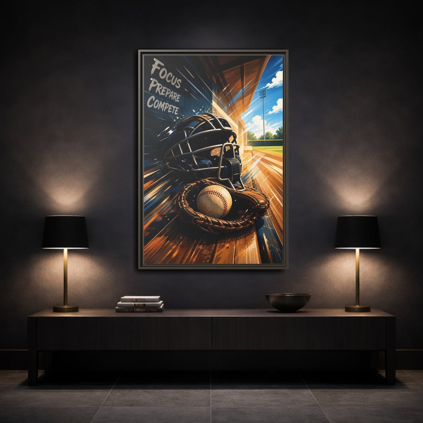 Mockup 3. Sports Baseball Equipment Baseball Blue Brown shown as framed canvas print