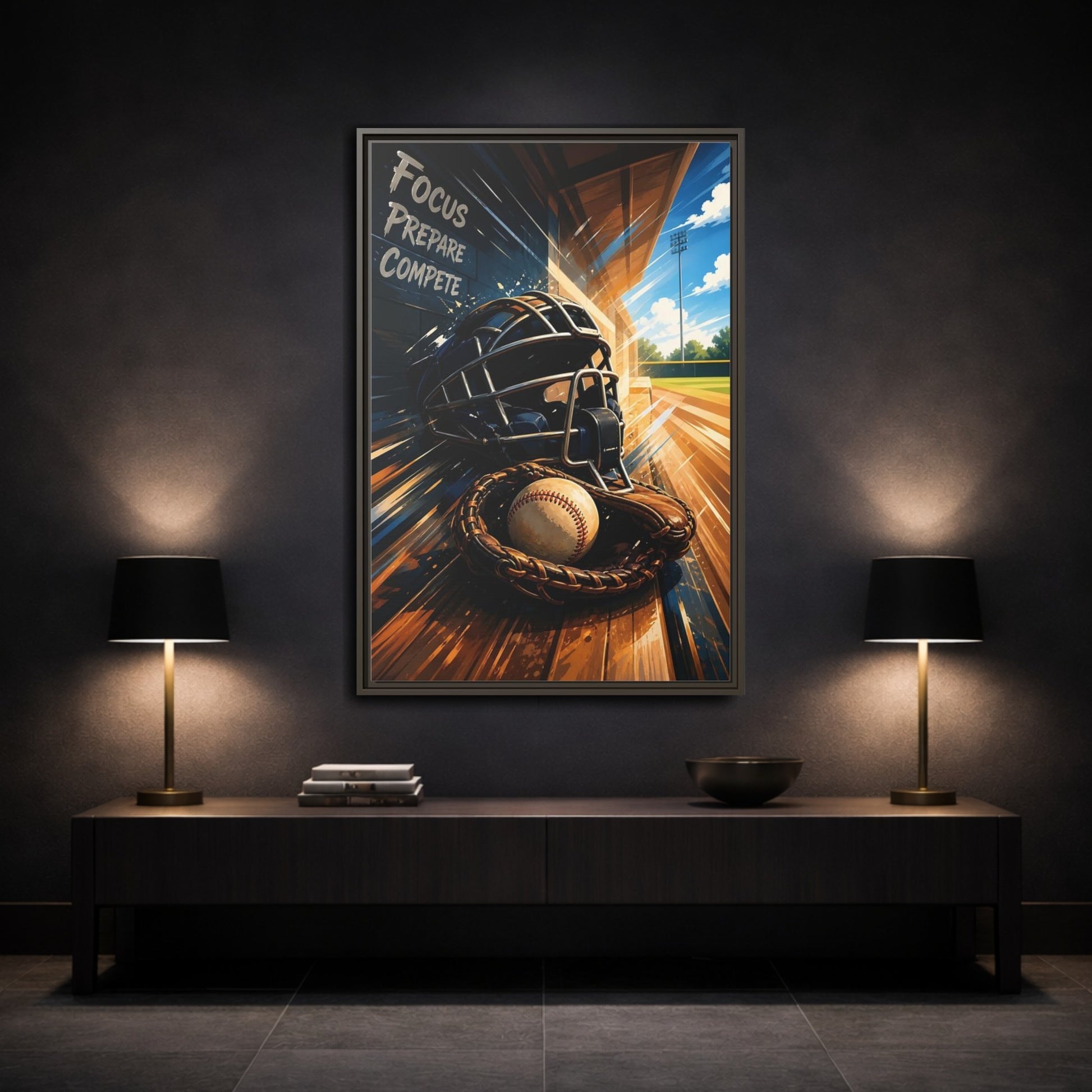 Mockup 3. Sports Baseball Equipment Baseball Blue Brown shown as framed canvas print