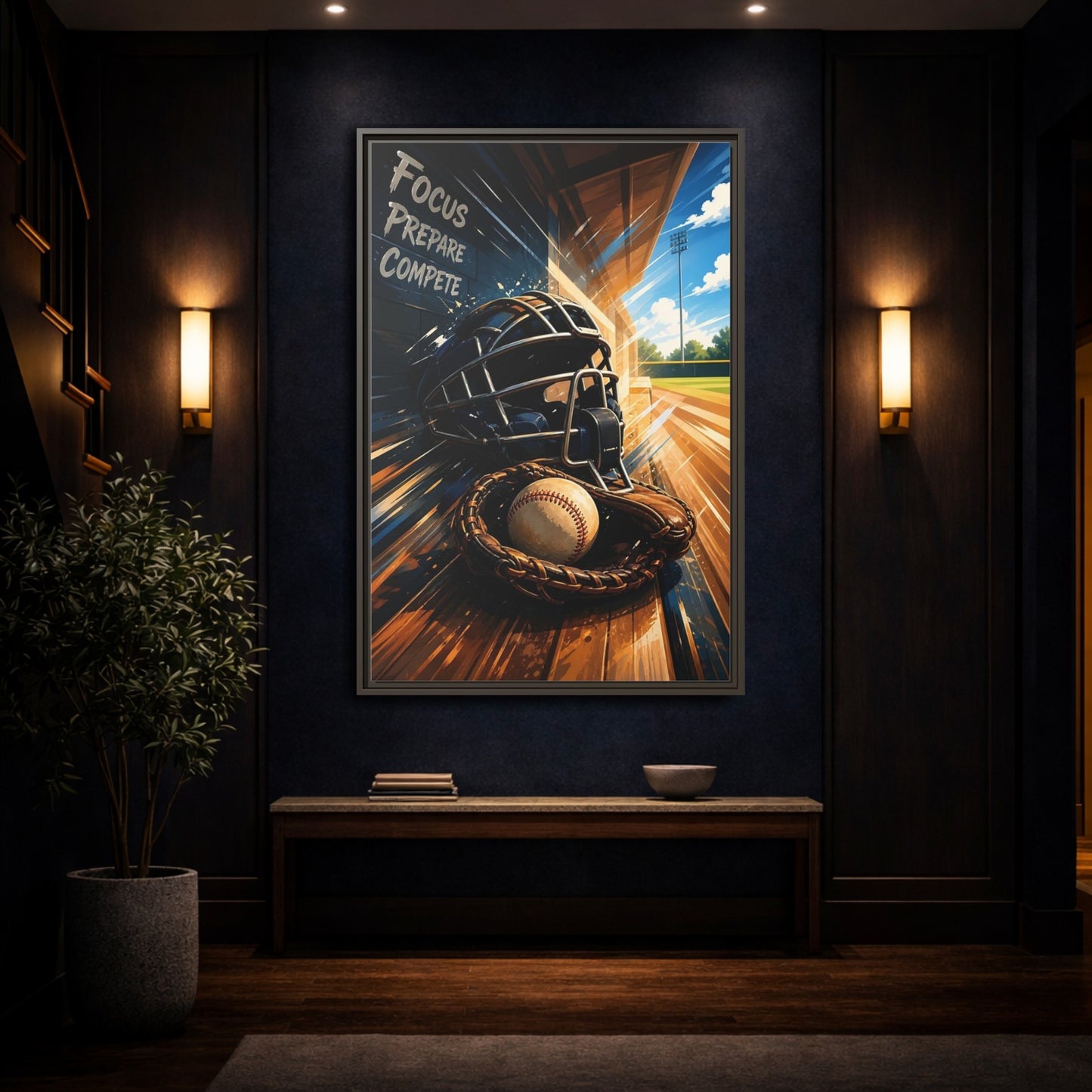 Mockup 4. Sports Baseball Equipment Baseball Blue Brown shown as framed canvas print