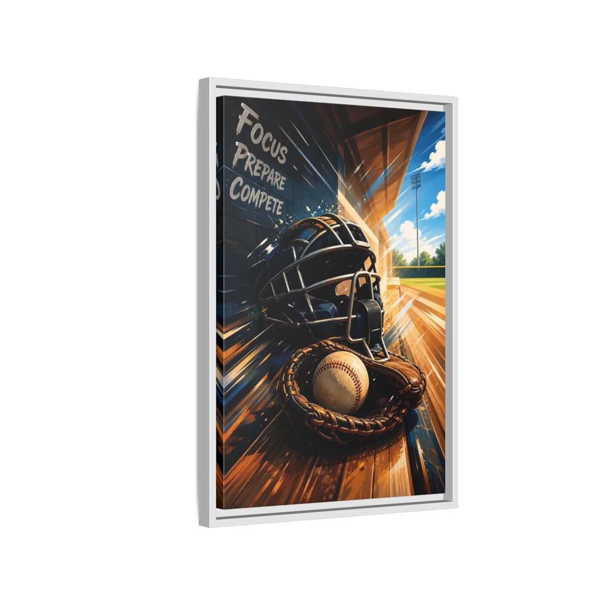 Side Mockup 1. Sports Baseball Equipment Baseball Blue Brown shown as framed canvas print