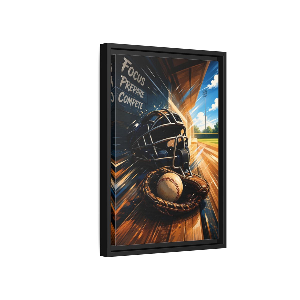 Side Mockup 6. Sports Baseball Equipment Baseball Blue Brown shown as framed canvas print