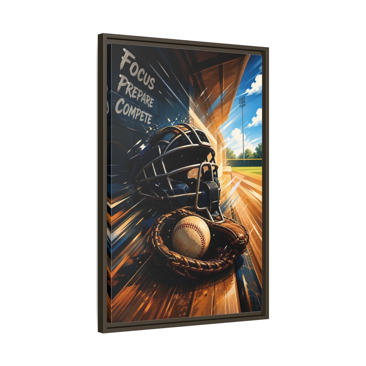 Side Mockup 11. Sports Baseball Equipment Baseball Blue Brown shown as framed canvas print